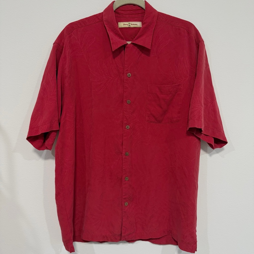 Tommy Bahama Men's 100% Silk Red Button-Down Shirt with Tropical Print